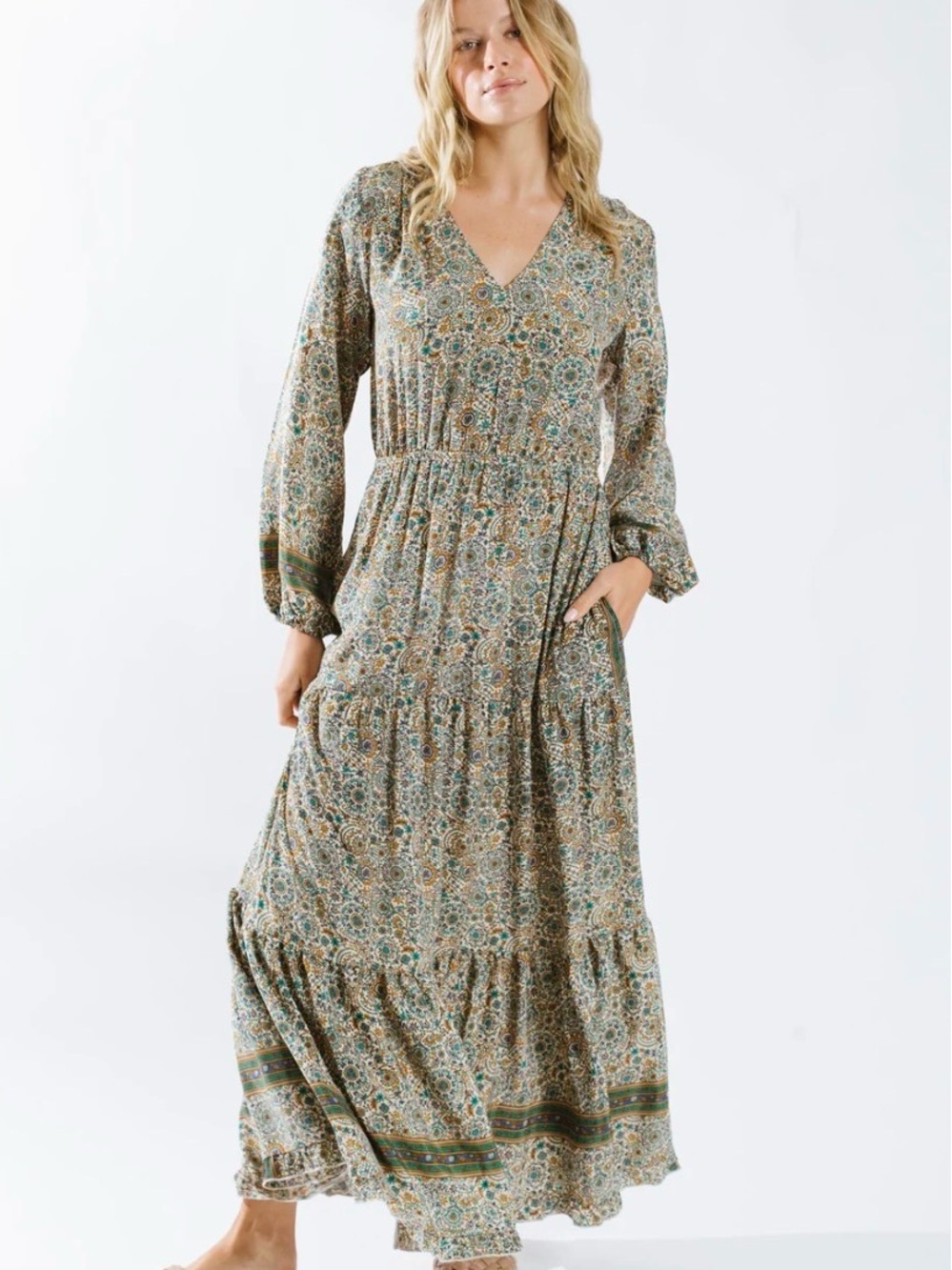 NWT RAGA Boho V-Neck Tiered Maxi Dress in Green Floral